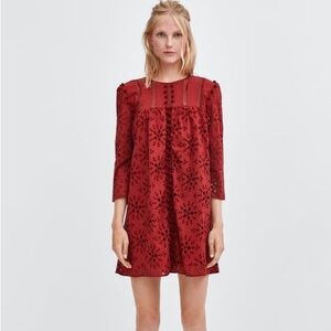 Zara burgundy eyelet dress with Pom poms